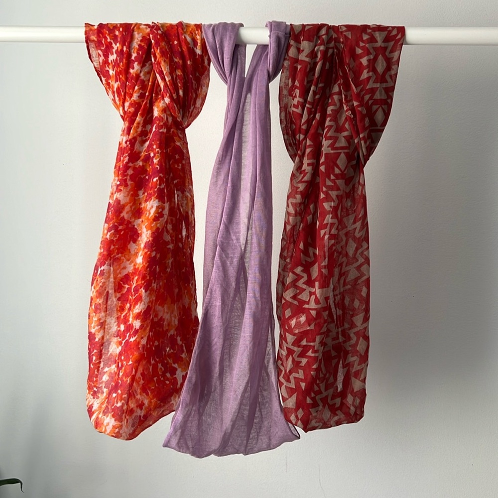 3 x Lightweight skinny infinity scarves red orange purple